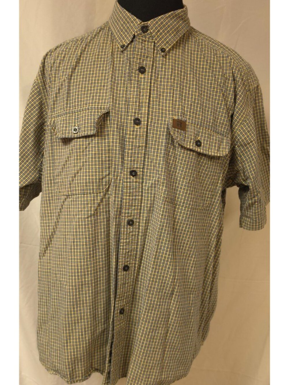 Riggs Workwear By Wrangler Mens XXL Yellow Blue Short Sleeve Heavy Button Shirt